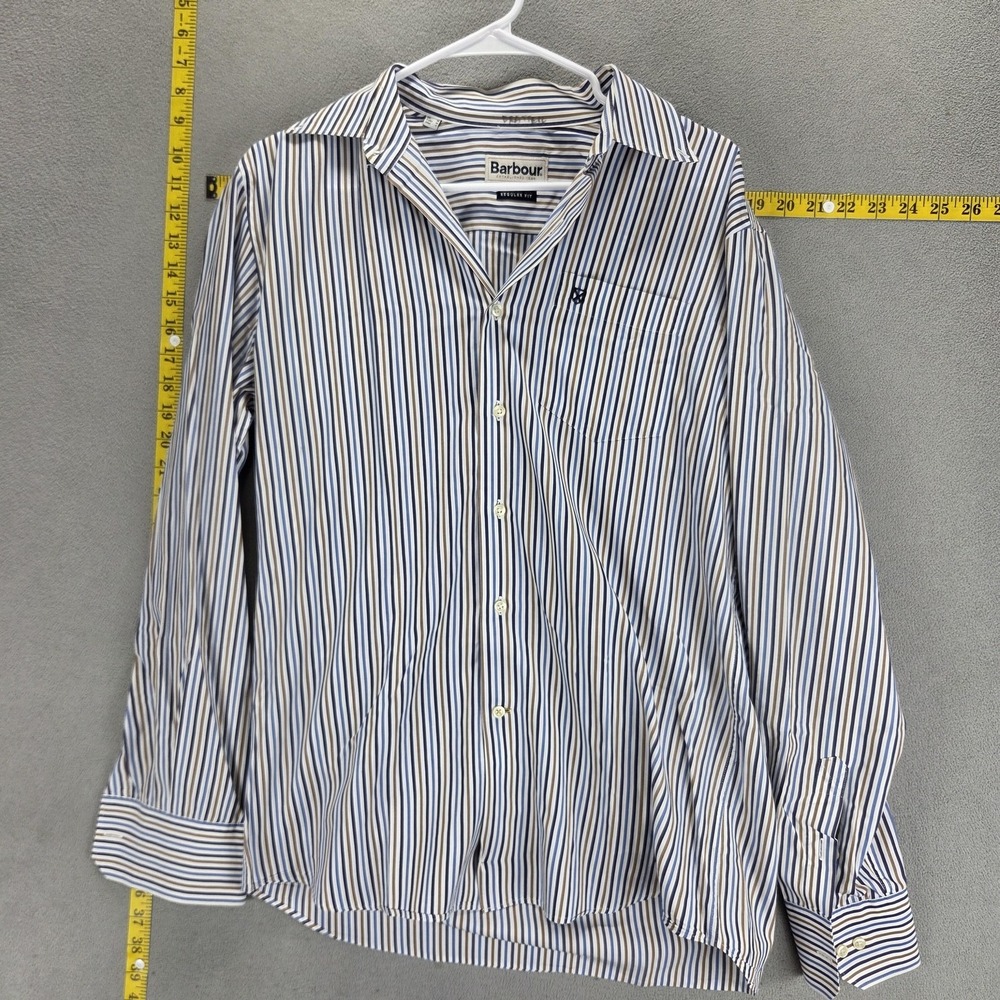Barbour Shirt Mens Small Blue Striped Button Up Long Sleeve Calder Sandstone
